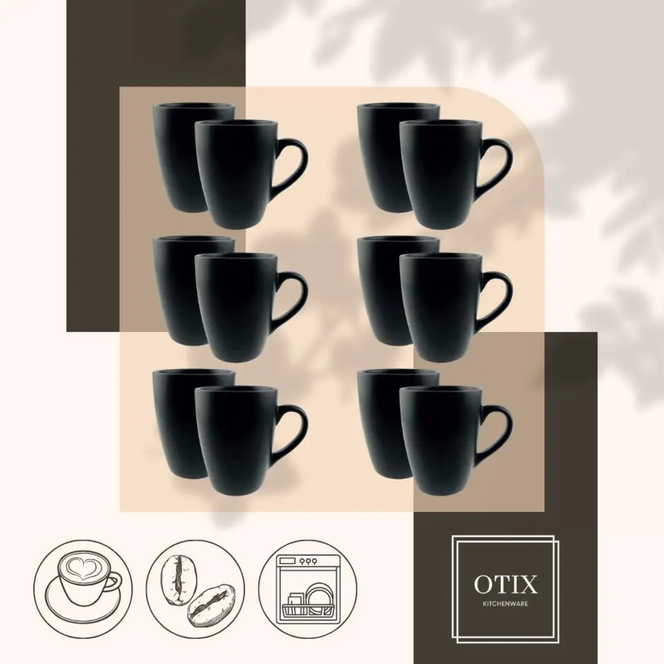 OTIX Koffiekopjes met Oor Koffietassen Set van 12 Mat Zwart 340ml