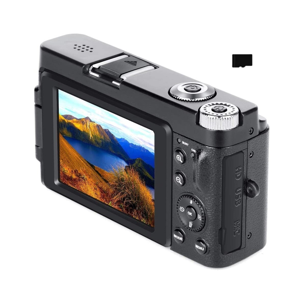 Digitalkamera med 48 MP, HD 1080p, 16x zoom, flip-skjerm, 32 GB minnekort