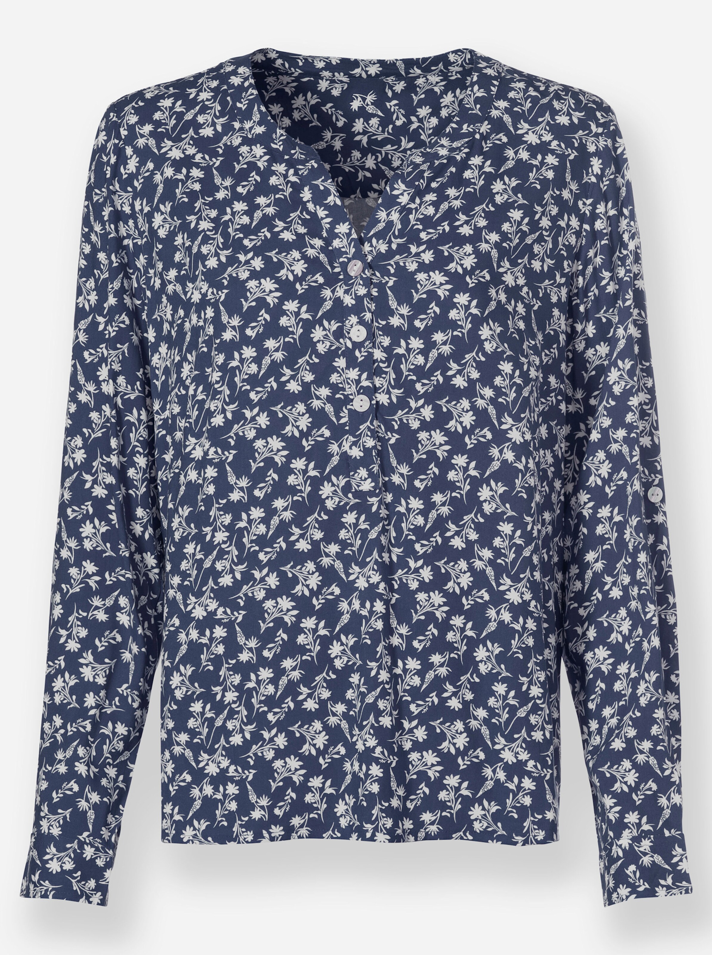 Bluse in rauchblau-weiß-bedruckt