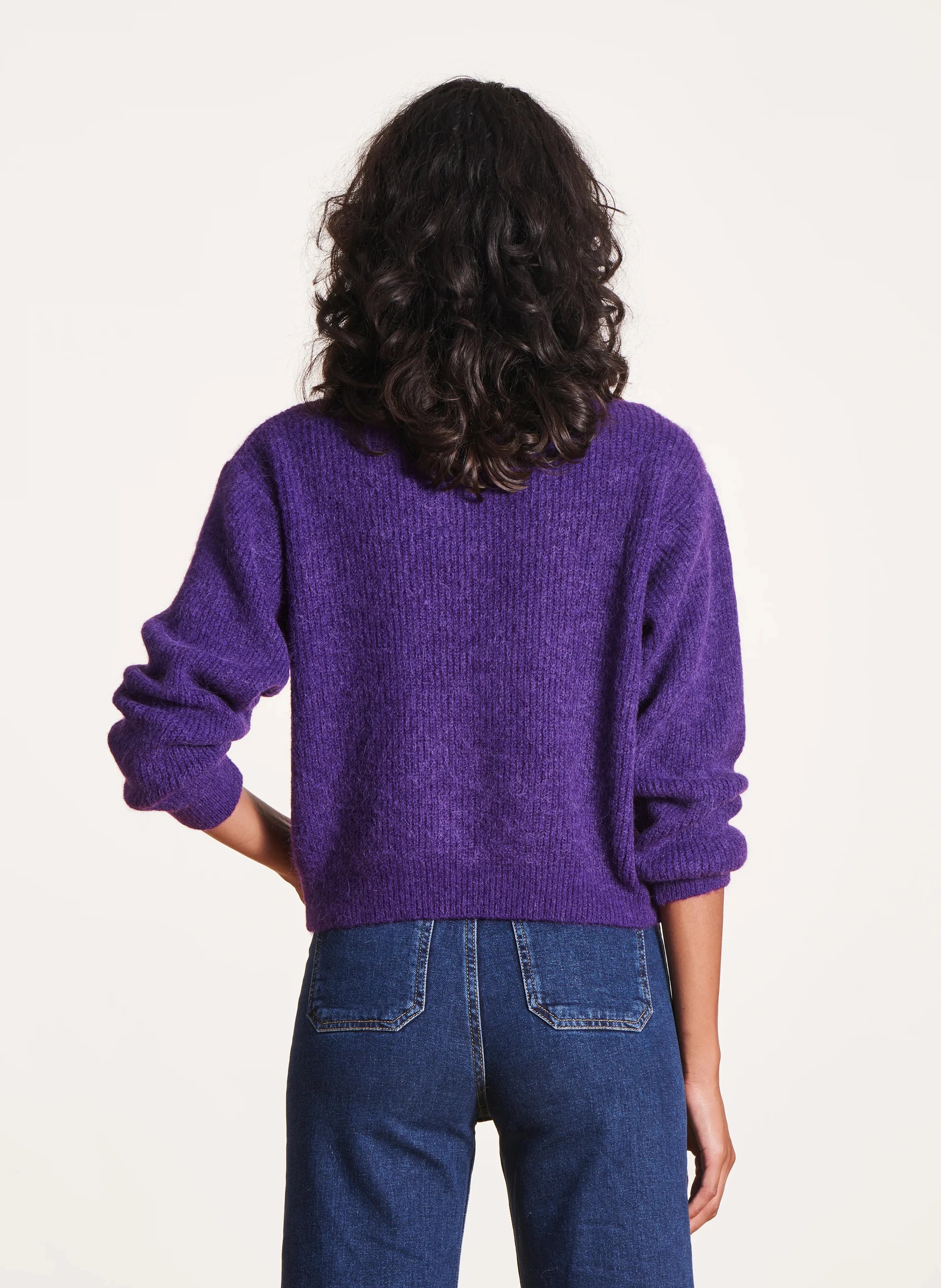 Gilet droit col rond en maille mélangée | Violet
