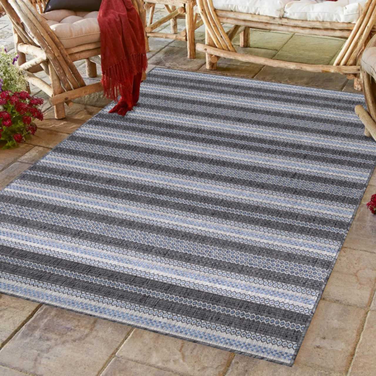 In Outdoor Teppich Beige, Vintage Design, Flachgewebe, Wetterfest