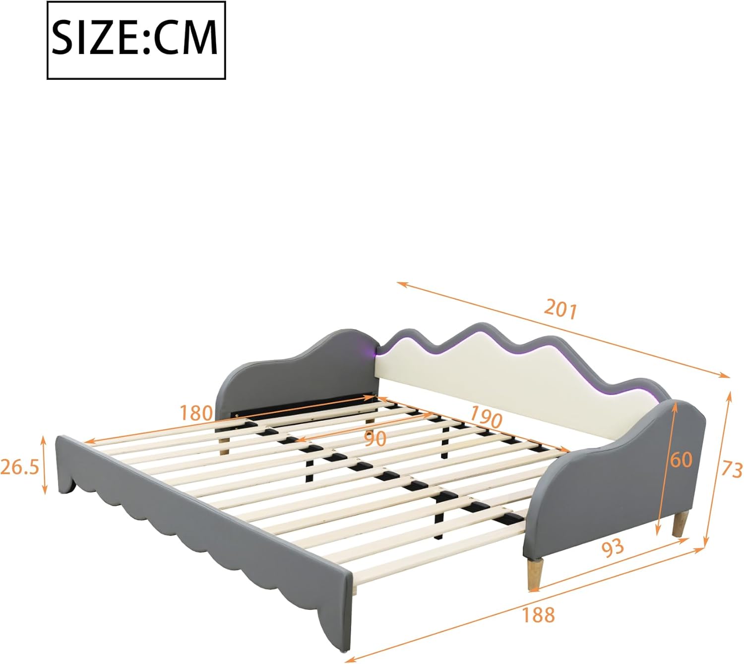 okwish Schiebebett Kinderbett Polsterbett Schlafsofas 90/180x190 cm Einzelbett/Doppelbett, Ausziehbett Jugendbett mit LED, Daybett Gästebett mit Lattenrost & Armlehnen, Kunstleder Grau(Ohne Matratze)