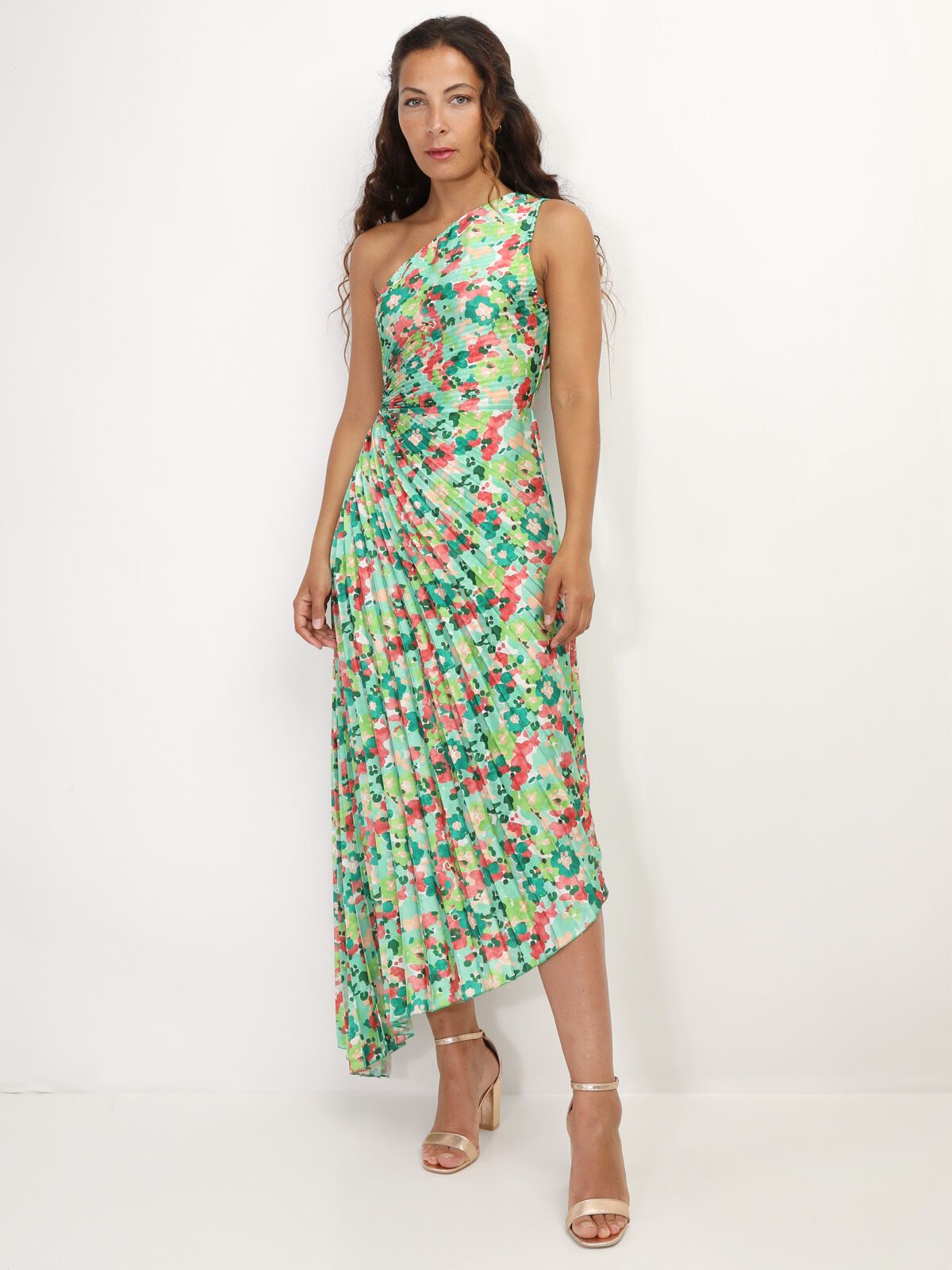 Robe plissée et asymétrique à fleurs- Vert