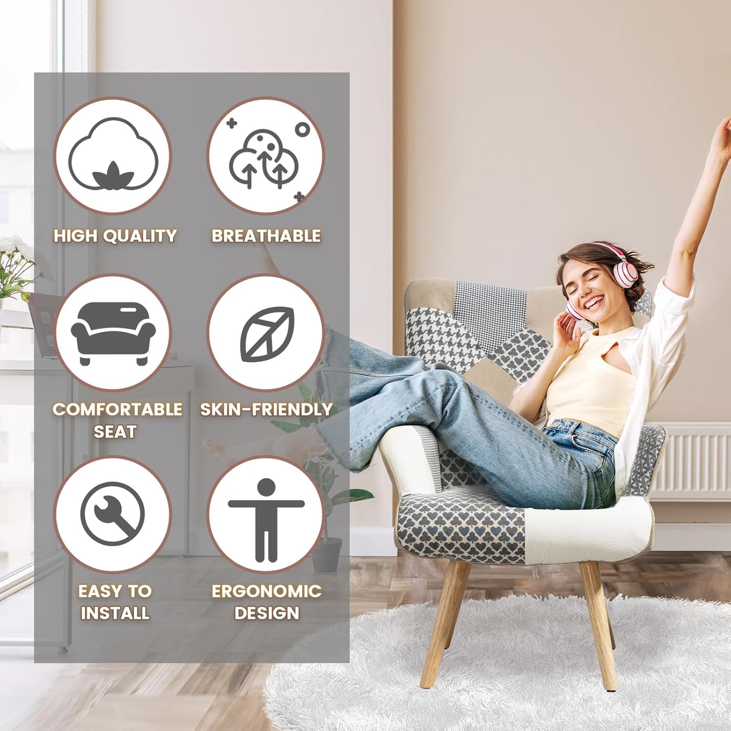 Patchwork Sessel Relaxsessel Leinen Loungesessel mit Massivholzfüße Ohrensessel für Wohnzimmer, Schlafzimmer, Leseecke, Grau