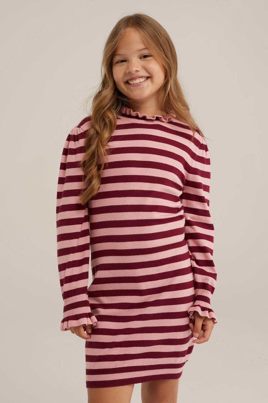 WE Fashion gestreepte bodycon jurk donkerrood/lichtroze