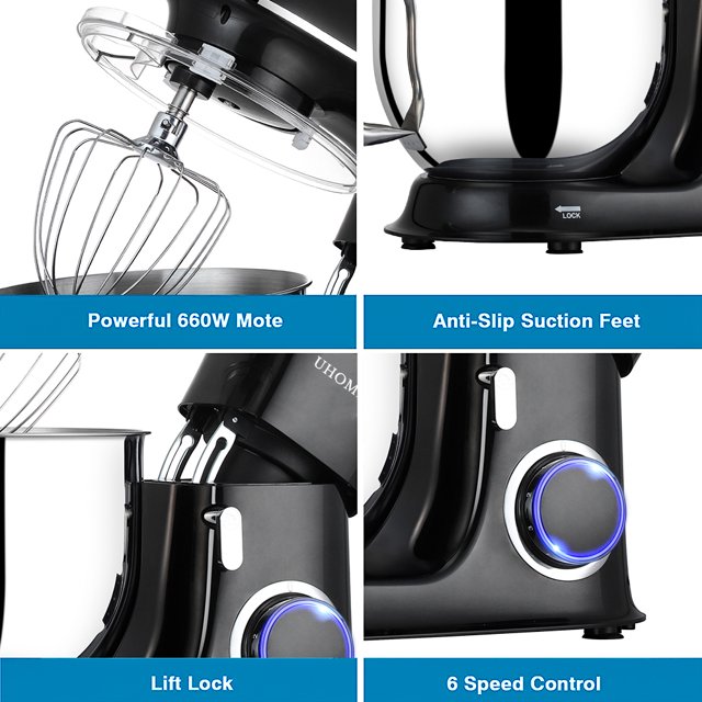 Batedeira de pedestal uhomepro de 7,5 QT para cozinha, 6 velocidades + 0 + P, cabeça inclinável, 660 W, batedeira elétrica para massa, uso doméstico e comercial, com gancho para massa, batedor, batedor de ovos, espátula, própria para lava-louças.
