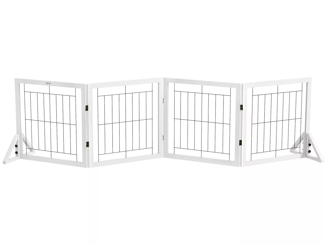 Barrière de sécurité pour animaux autoportante - barrière modulable pliable 4 panneaux - 2 pieds support - acier noir bois blanc