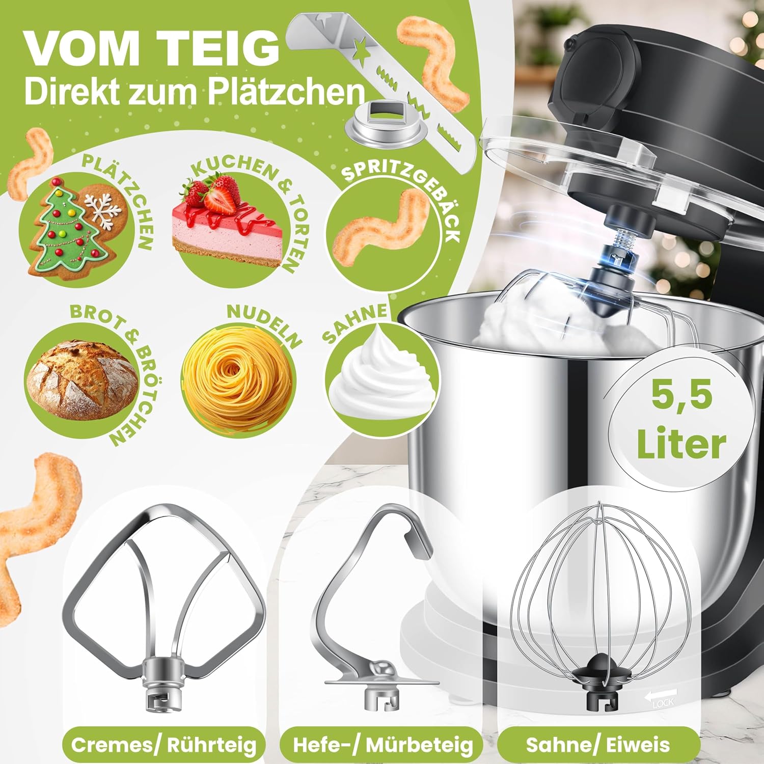 KESSER® 3 in 1 Universal Küchenmaschine K-KM 3000 mit Fleischwolf Knetmaschine Multifunktionale Rührmaschine 5,5L Schüssel mit 3 Rührwerkzeuge, 1,5L Entsafter, Zubehör-Set, Pasta & Gebäckformen
