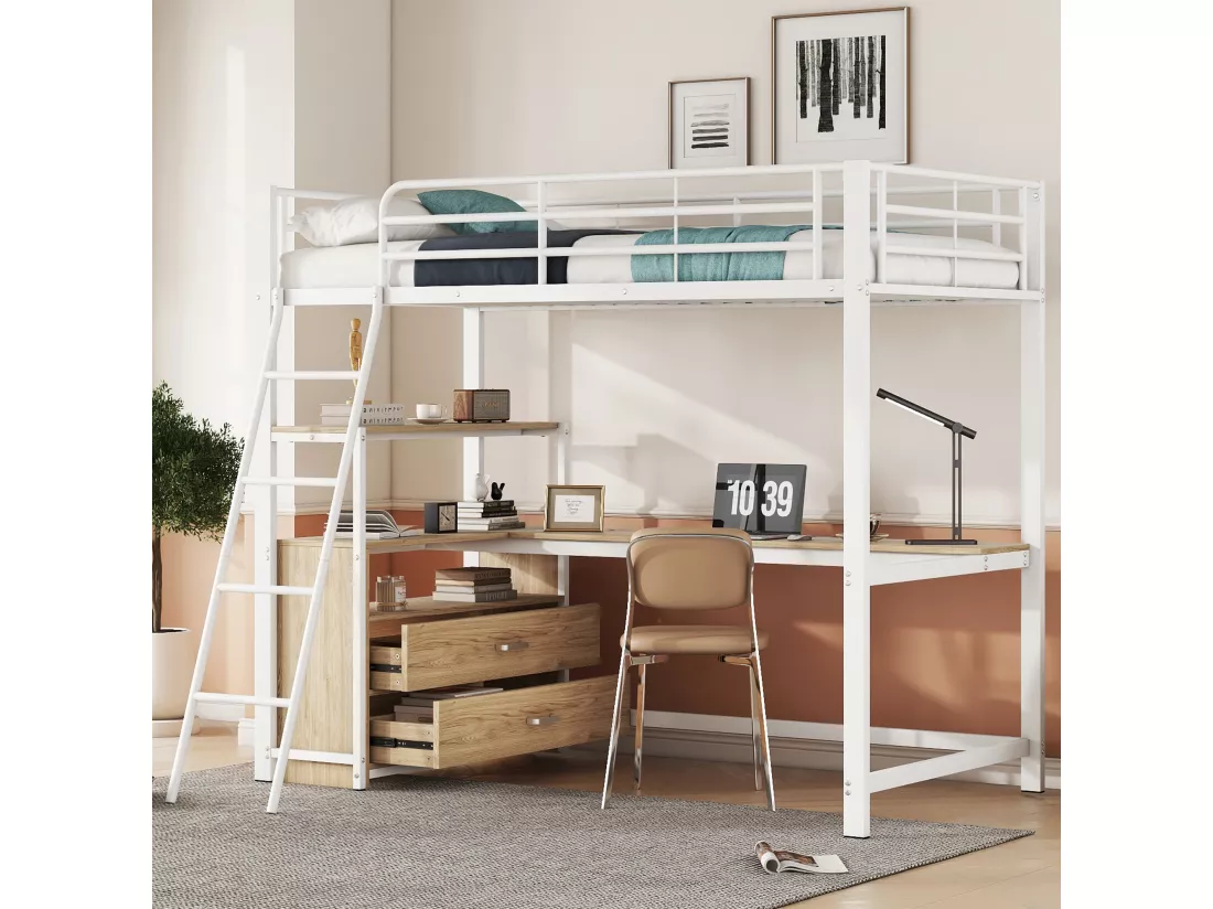 Lit mezzanine 90 x 200 cm avec bureau en L - 2 tiroirs et étagère - Métal+MDF - Sommier à lattes - Blanc (sans matelas)