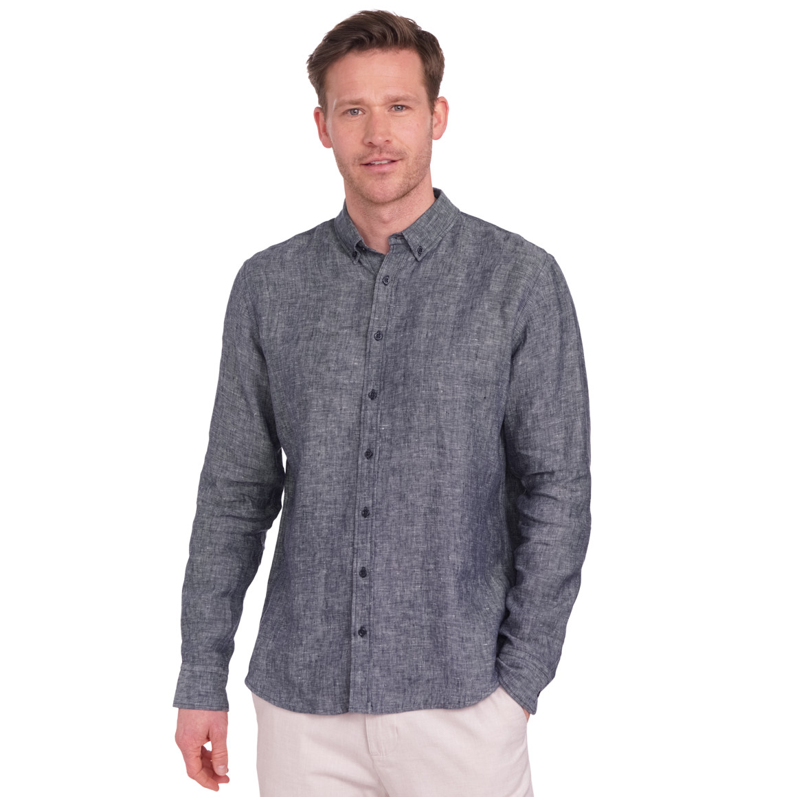 VanVaan Herren Leinen-Hemd mit Button-Down-Kragen dunkelblau