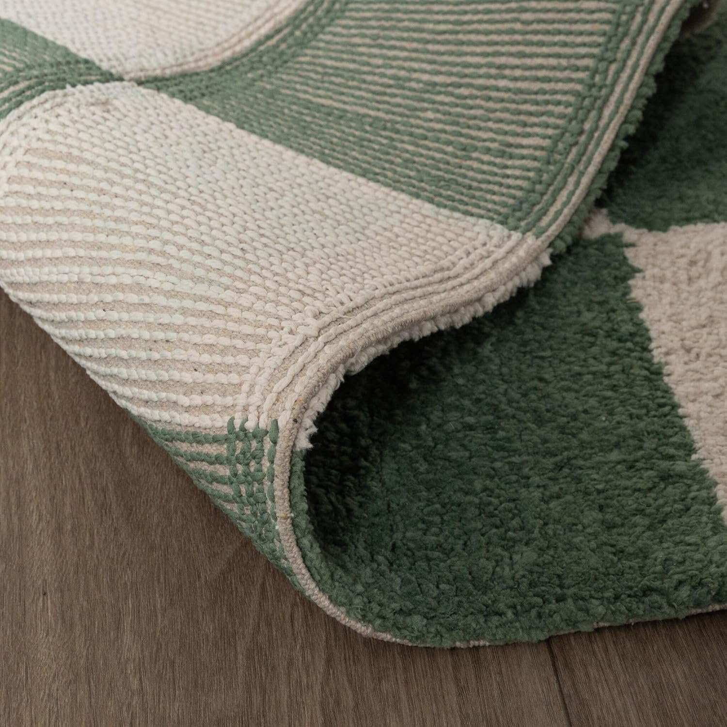 FRAAI | Home & Living Teppich Kariert - Blox Grün Weiß - Baumwolle, Polyester - Hochflor - Blöcke, Kariert - Waschbar in Waschmaschine - Modern - Wohnzimmer, Schlafzimmer, Büro - Carpet