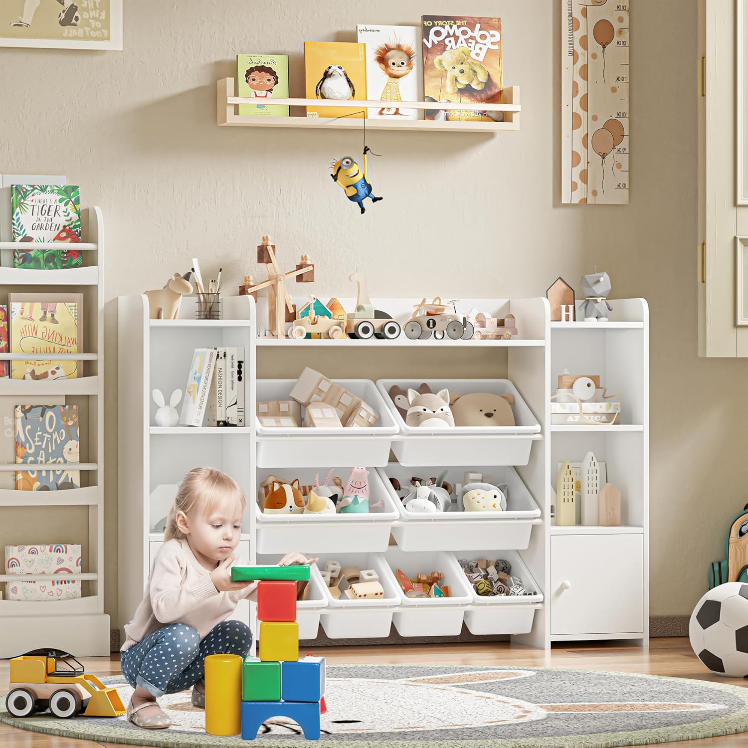 FOREHILL Kinderregal mit 8 Boxen Kinderschrank Holz Bücherregal für Kinder Aufbewahrungsbox Kinderzimmer Möbel mit Spielzeugkiste 138,8 x 94,3 x29,6 cm weiß