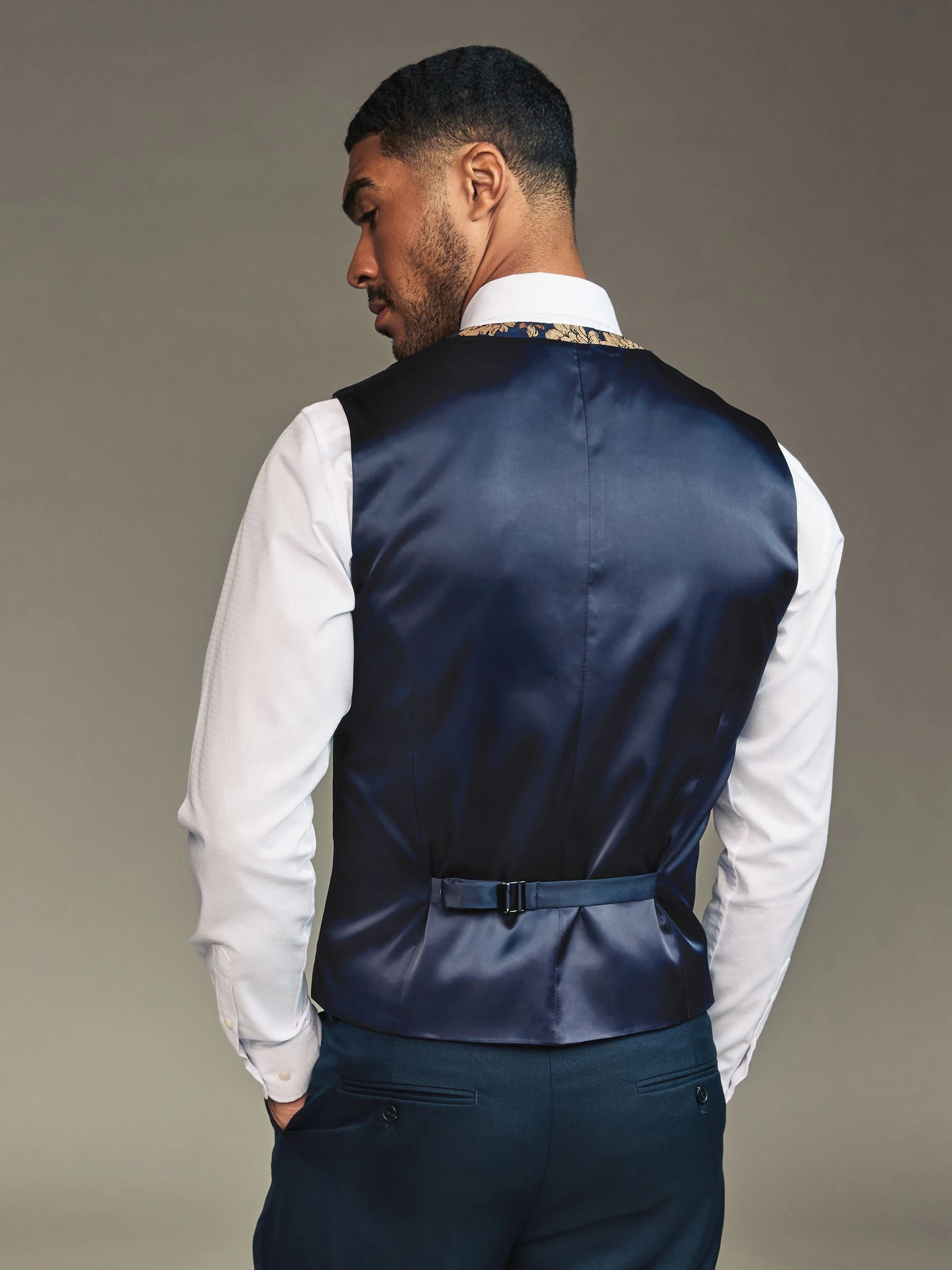 Marineblauw/goud gebloemd - Regular fit gilet voor speciale gelegenheden
