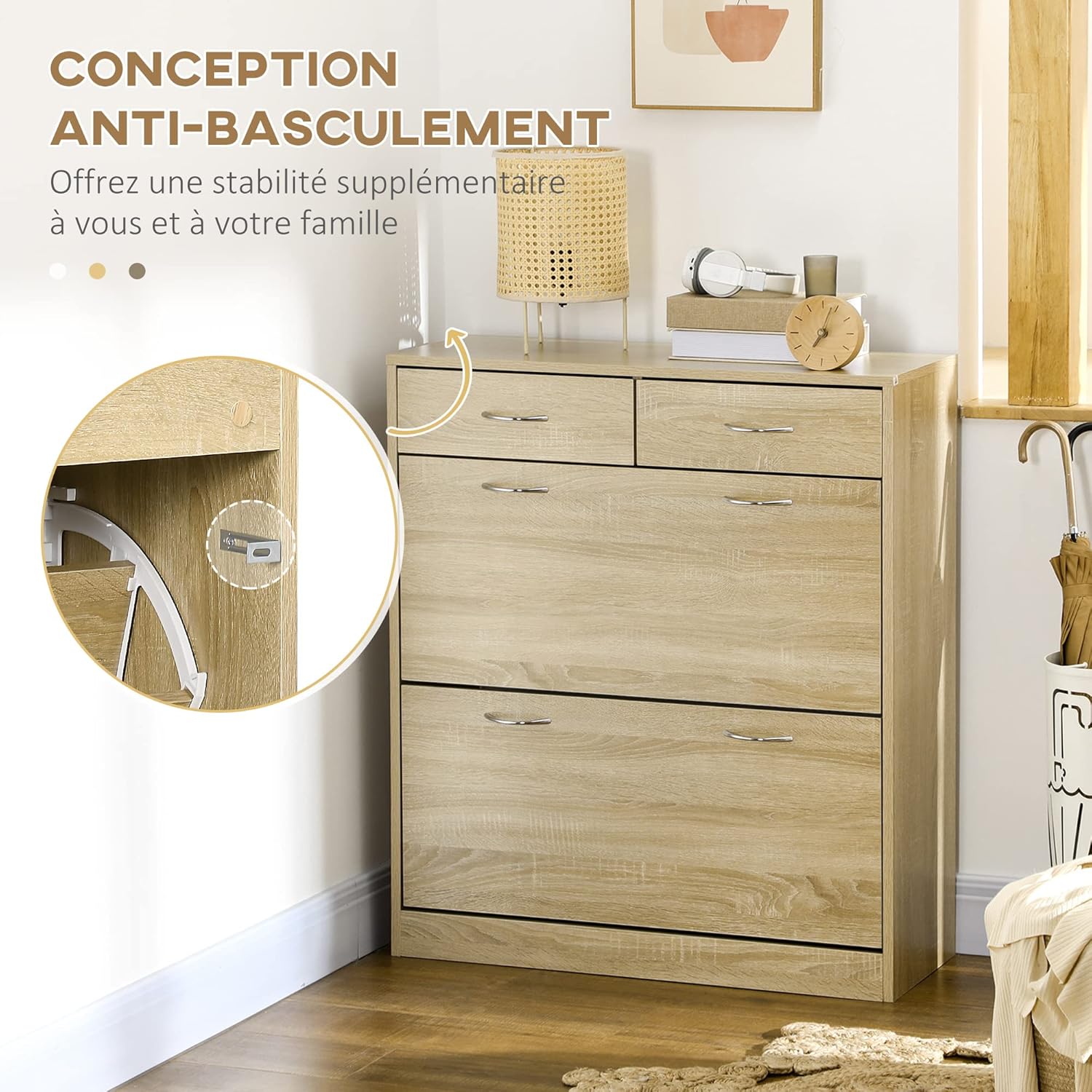 HOMCOM Meuble à Chaussures Armoire à Chaussures - 2 tiroirs et 2 Portes abattantes avec étagère réglable - 80 x 30 x 91,5 cm - poignées en Aluminium, Naturel IW8467791