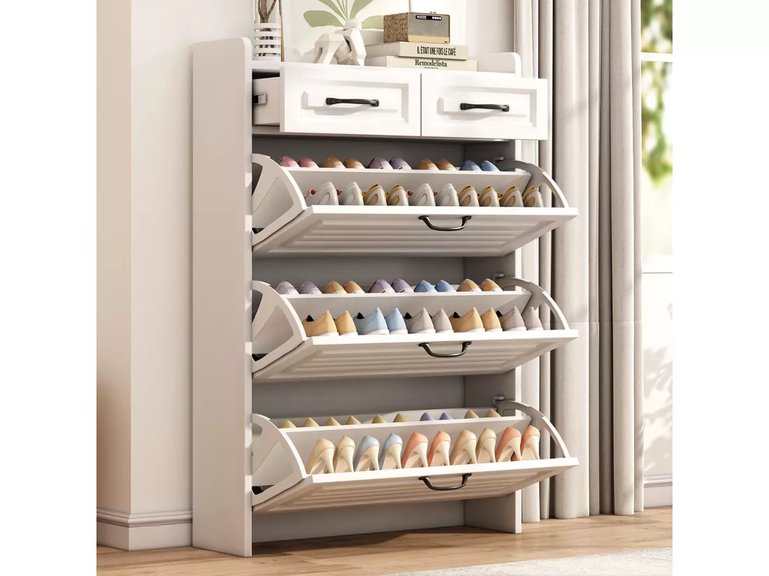 Commode à chaussures 3 grands abattants et 2 tiroirs - Poignées en métal - Coloris blanc - 80 x 23.5 x 120 cm