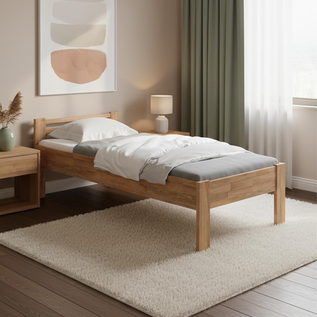 skølm Fenrir Massivholzbett 100x200 cm – Einzelbett aus Eiche – Seniorenbett mit erhöhtem Einstieg – Holzbett Natur geölt – Bettgestell 51cm hoch – Bettrahmen aus Holz mit Bettkopf – Bett 100x200 cm