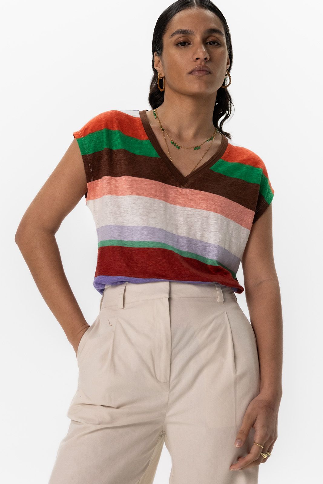 Multicolour gestreept linnen T-shirt