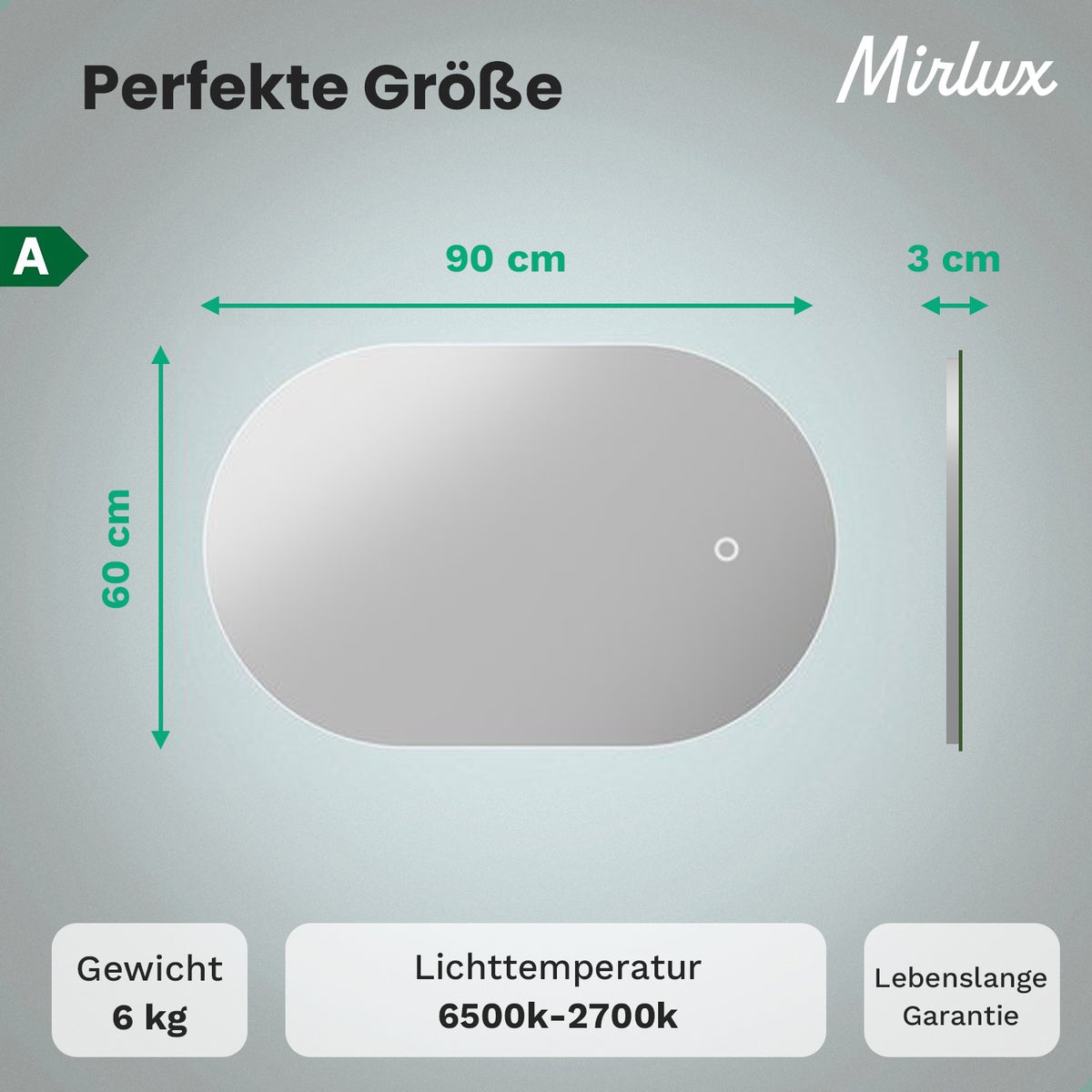 Mirlux badkamerspiegel met ledverlichting, ronde wandspiegel, anticondens douchespiegel, 90x60cm