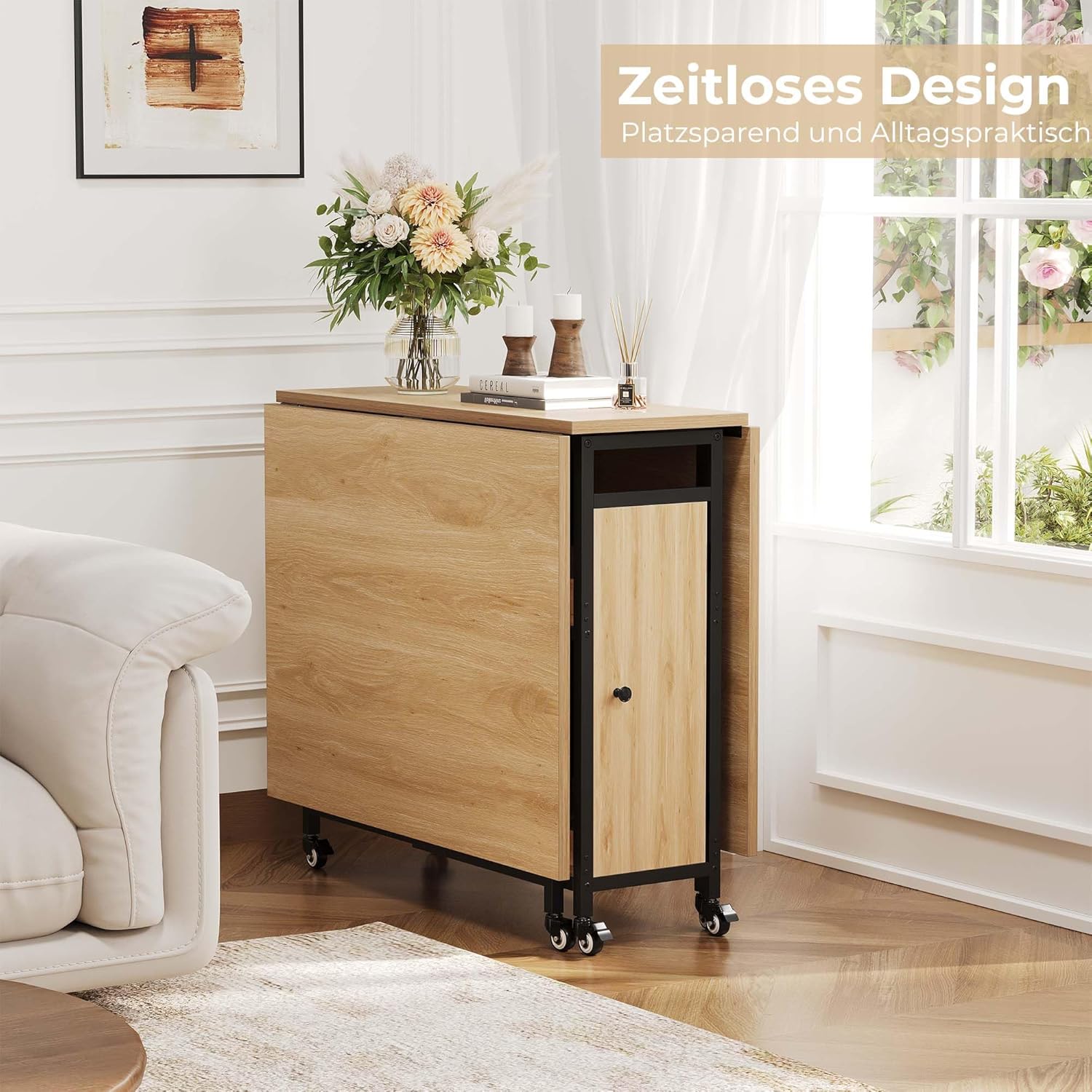 HSH Klappbarer Esstisch Klapptisch Küche Mit Stauraum Küchentisch Klappbar mit 2 Regalen und Rollen Mobiler Tish aus Holz und Metall Platzsparender Für Küche Wohnzimmer Wohnung Eichenoptik 130cm