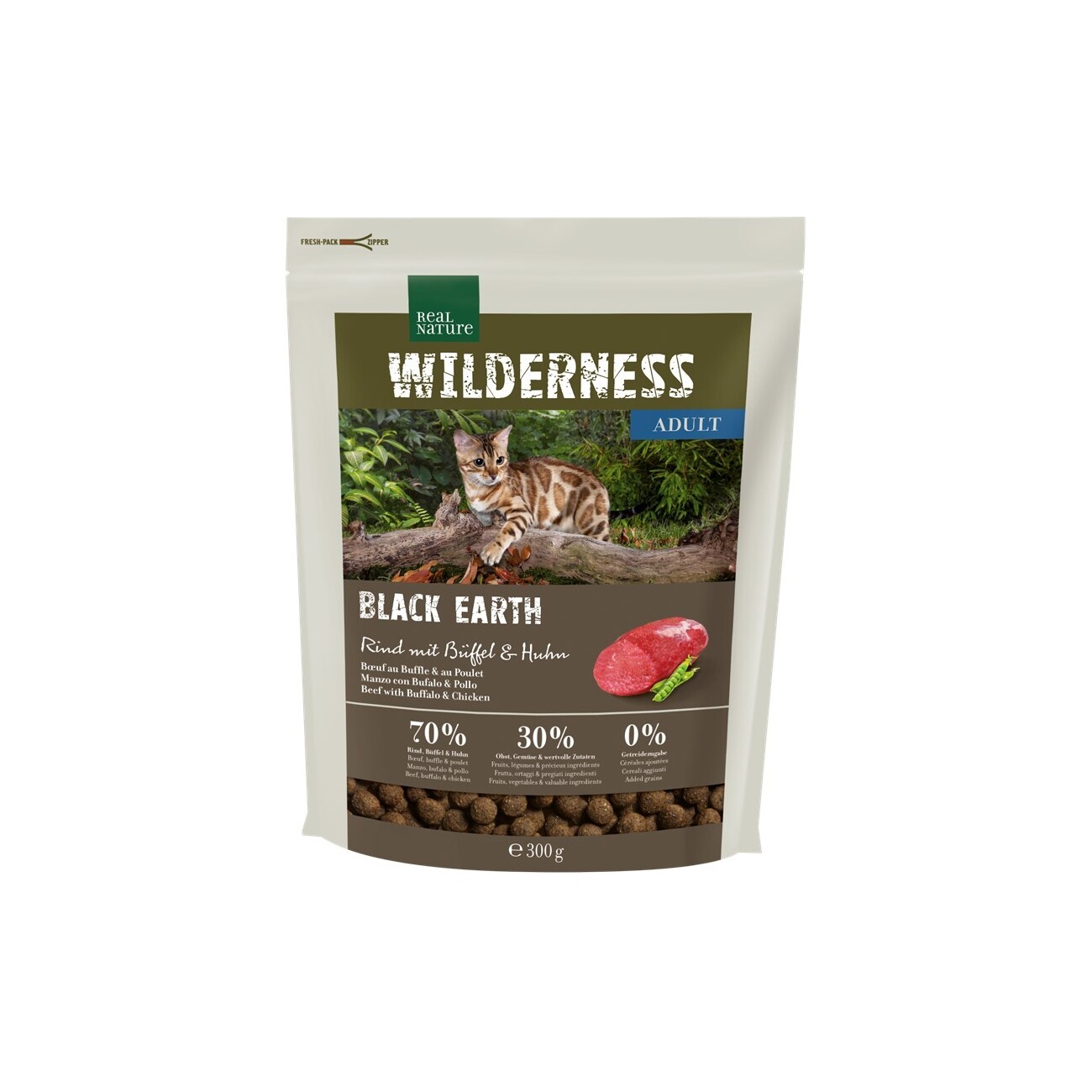 REAL NATURE WILDERNESS Trockenfutter Katze, Adult, Black Earth, Rind, Büffel & Huhn 300 g