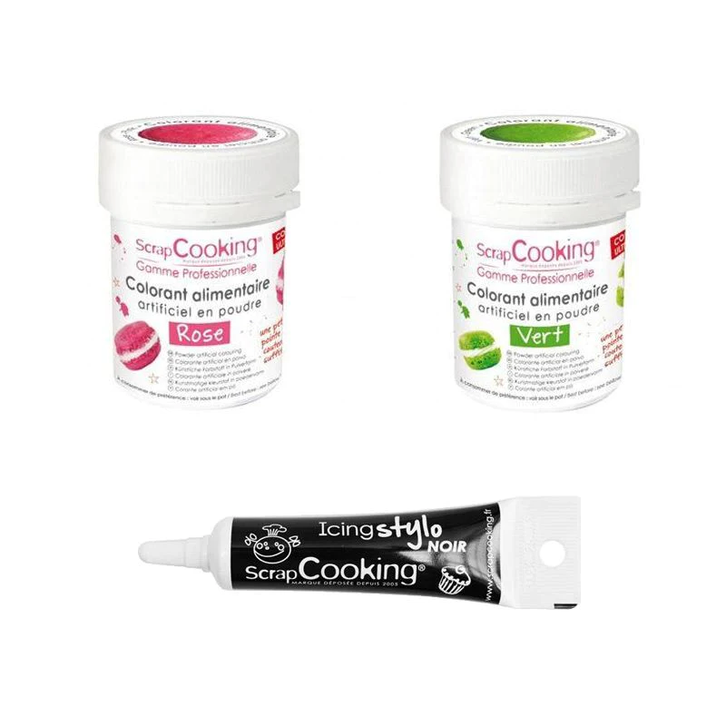 2 colorants alimentaires vert-rose + Stylo glaçage noir Scrapcooking