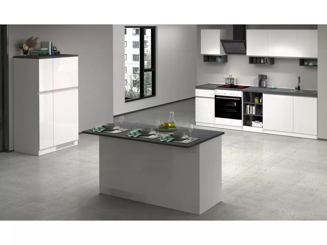 Îlot de cuisine Dcarnelo, Armoire polyvalente, Meuble de kitchenette, Table auxiliaire, 100% Made in Italy, 155x90h90 cm, Blanc brillant et ardoise