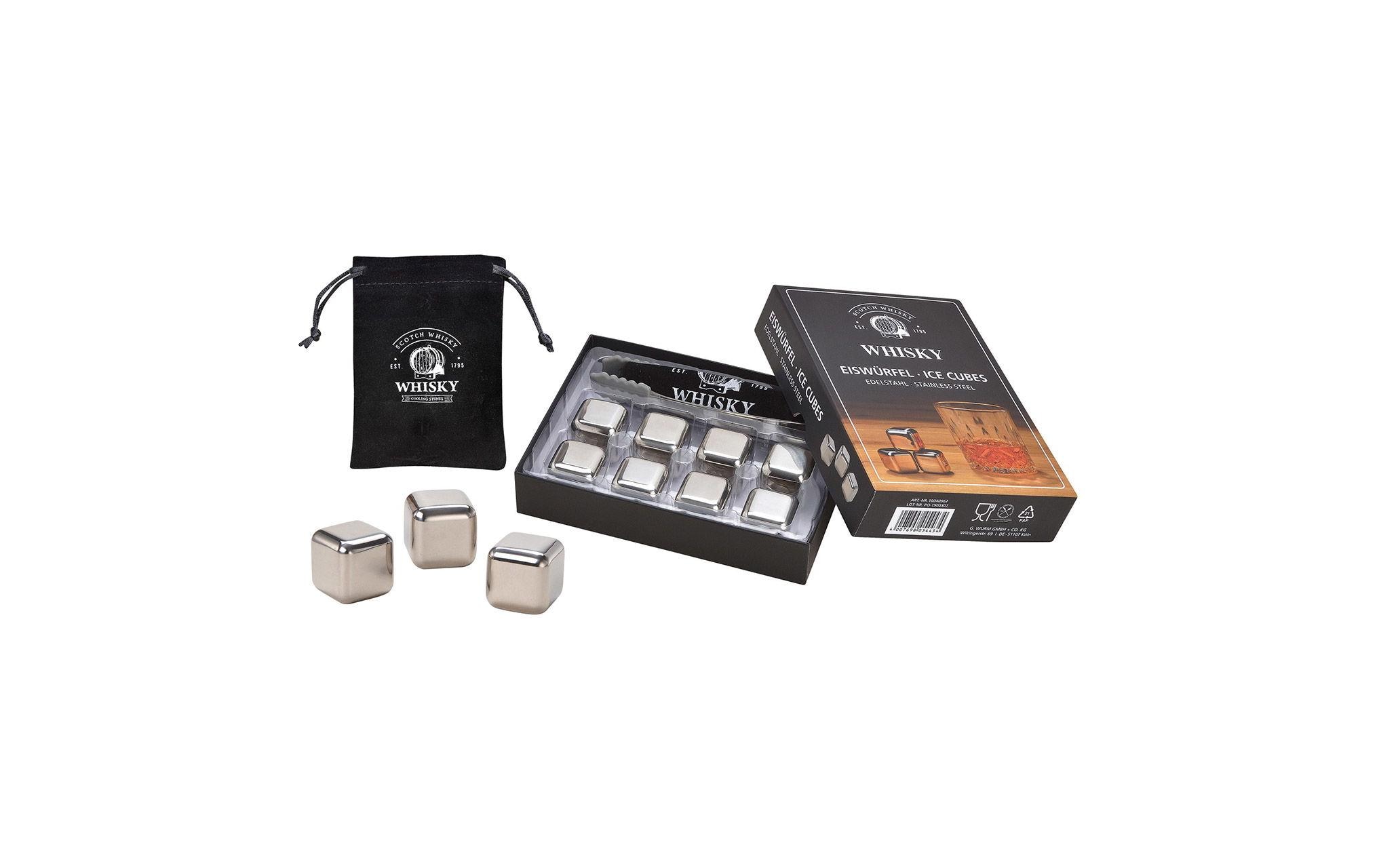 Whiskysteine mit Zange und Beutel 10-teilig, SilberWhiskysteine-Geschenkset