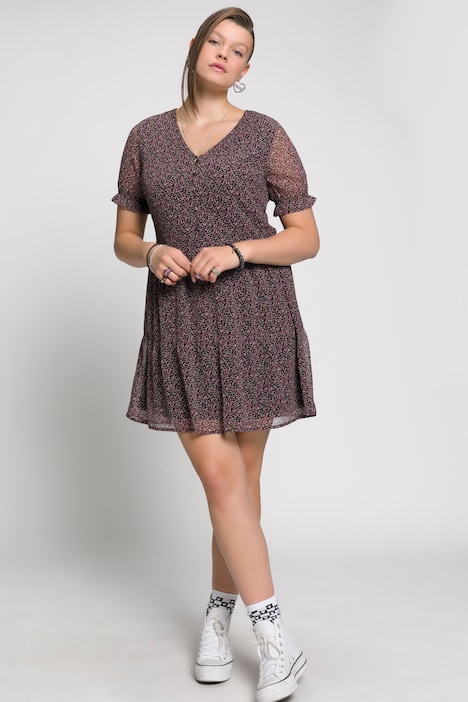 Millefleurs-Kleid, A-Line, V-Ausschntt, Halbarm, Unterkleid