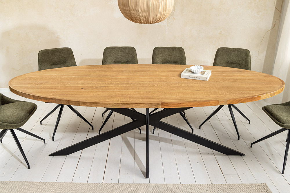 Massiver Esstisch GALAXIE 240cm braun Mangoholz oval schwarz Eisen Sterngestell
