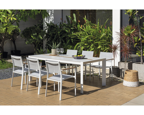 Garden Place Lynn 6-persoons eetkamerset bestaande uit: 6 stoelen, tafel, aluminium, WPC, textiel, hout, wit