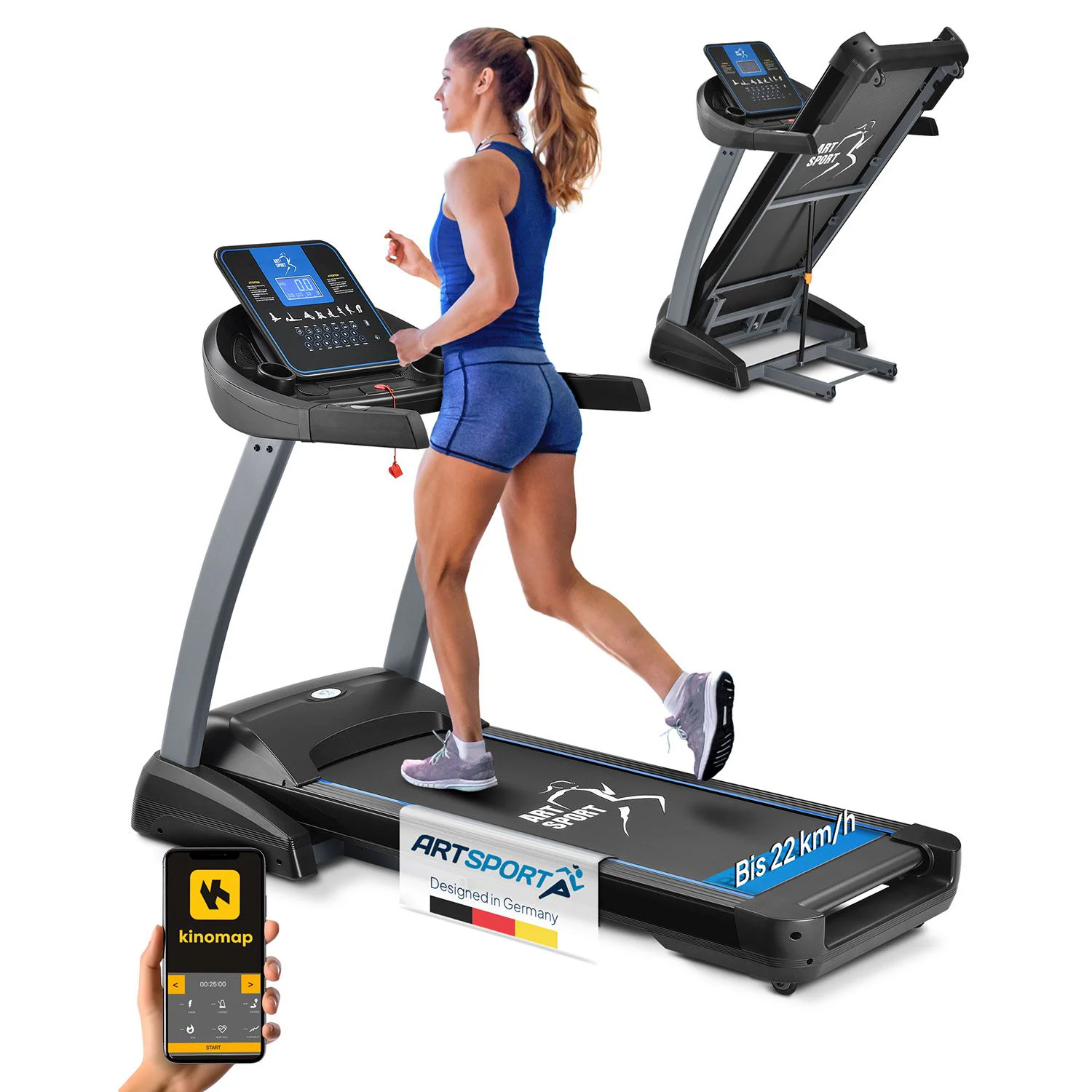 ArtSport Laufband Speedrunner 7000 klappbar, Kinomap-Funktion, 3 PS Motor, 22 km/h, 48 Programme