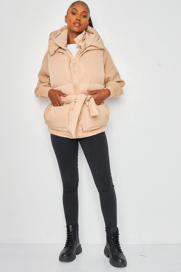 Doudoune sans manches beige ceinturée