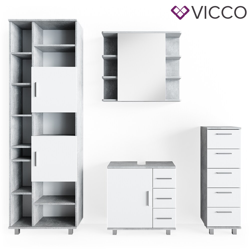 VICCO Badmöbel Set ILIAS Weiß Beton Bad Spiegel Kommode Unterschrank Badschrank