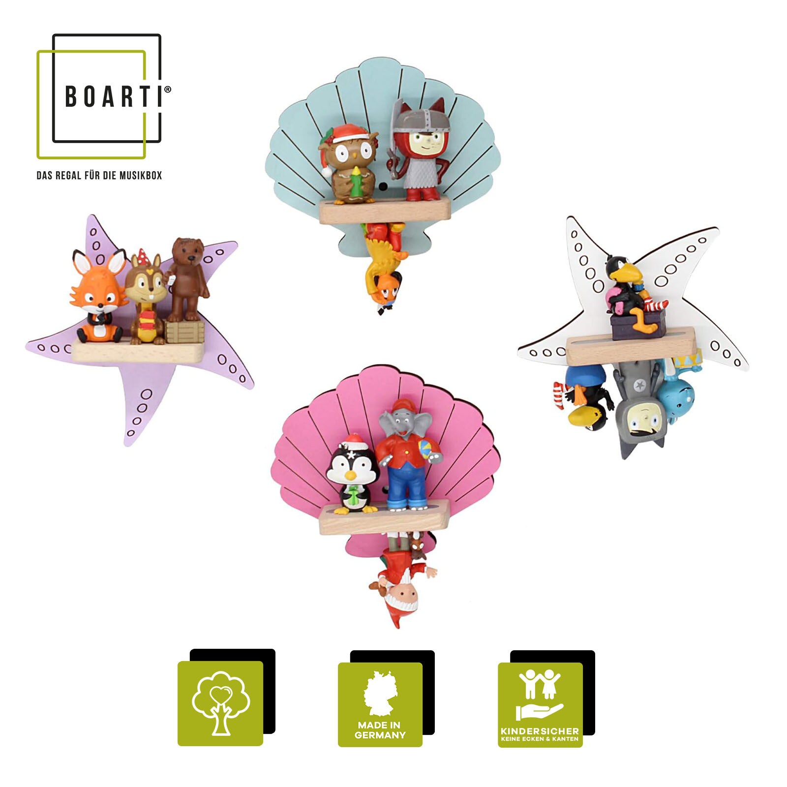 BOARTI Holz Muschel Sterne Kinder Regal Toniebox Figuren Wandregal Tonies Musikbox