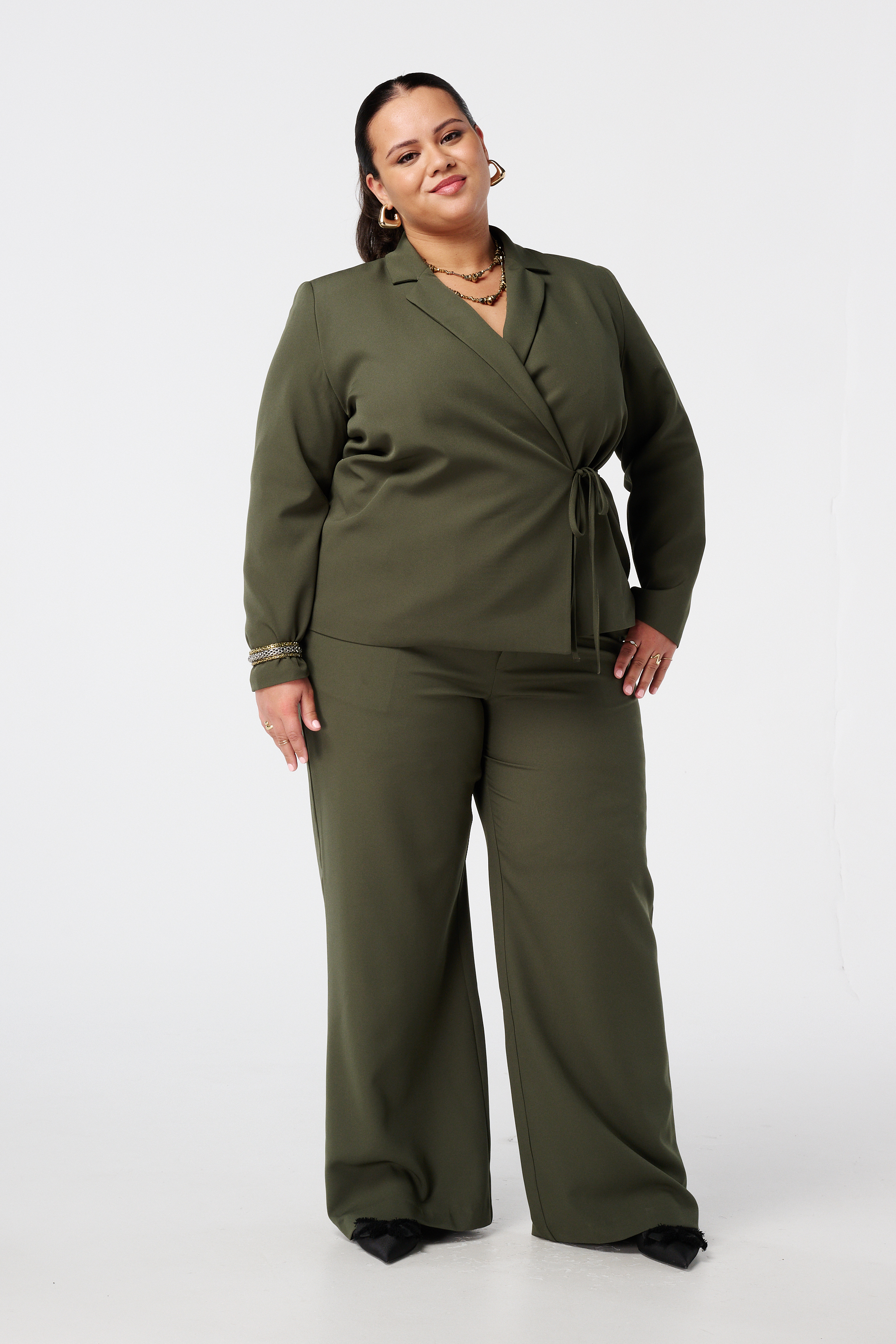 Overslag blazer met strikceintuur Donker khaki