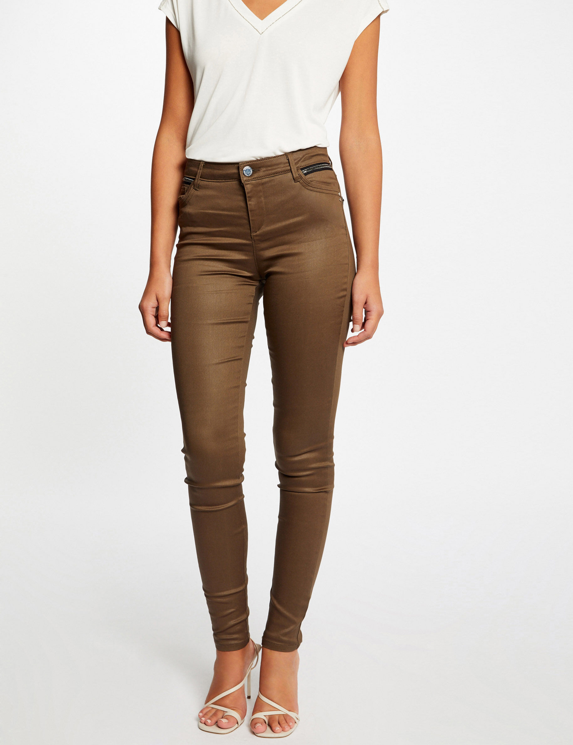 Pantalon skinny enduit à détails bijoux vert moyen femme - vert_moyen