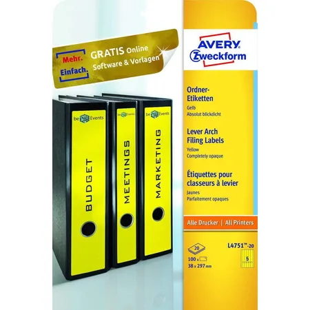 Avery Zweckform L4751-20 Ordnerrücken Etiketten A4, mit ultragrip, 38 x 297 mm, schmal/lang, 20 Bogen/100 Etiketten, gelb