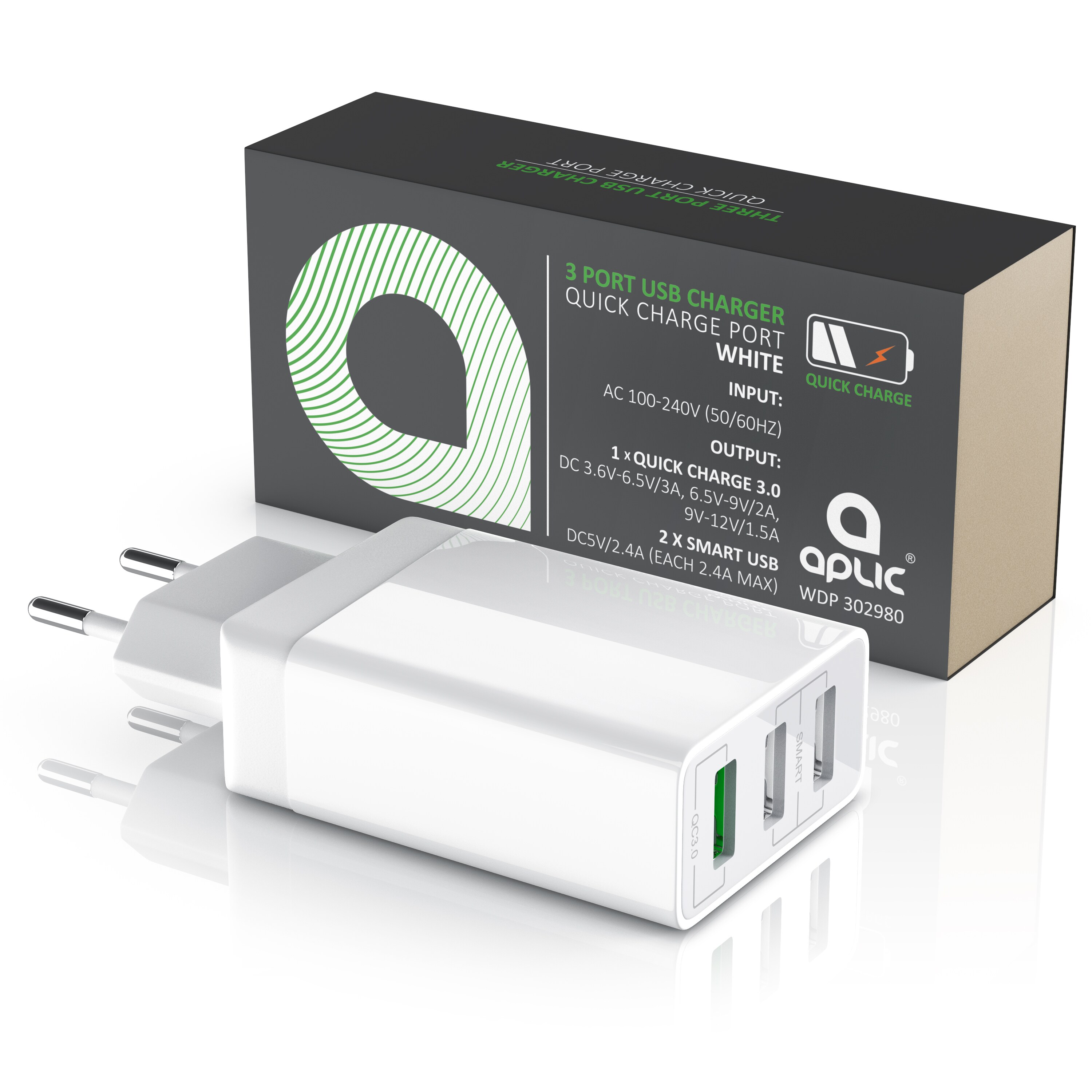 Aplic USB-Ladegerät 3000 mA, 3-Port Netzteil, Quick Charge 3.0, 2x USB Port + 1x QC 3.0 Port