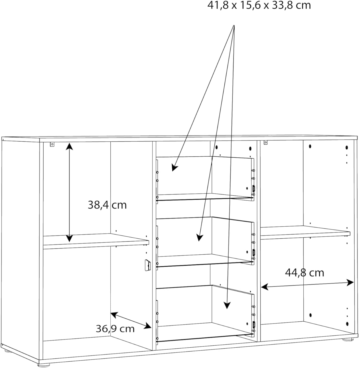 Forte MOKKARO Sideboard mit 3 Schubladen und 2 Türen, Holzwerkstoff, Catania Eiche/Schwarz, B x H x T: 141,2 x 84,9 x 42 cm