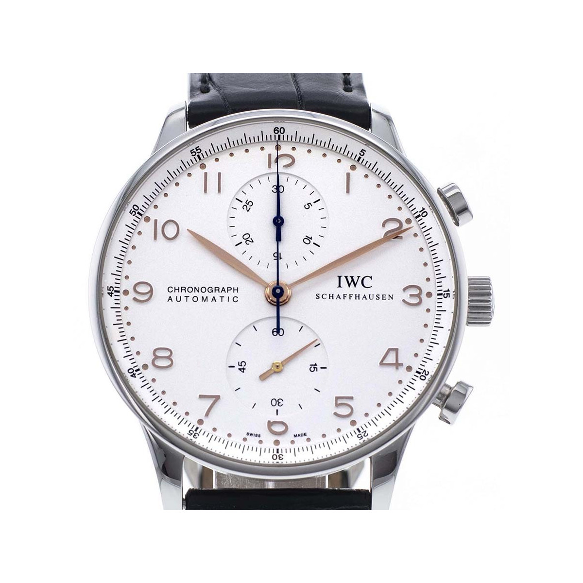 Montre d'occasion IWC Portugaise homme chronographe automatique acier bracelet cuir
