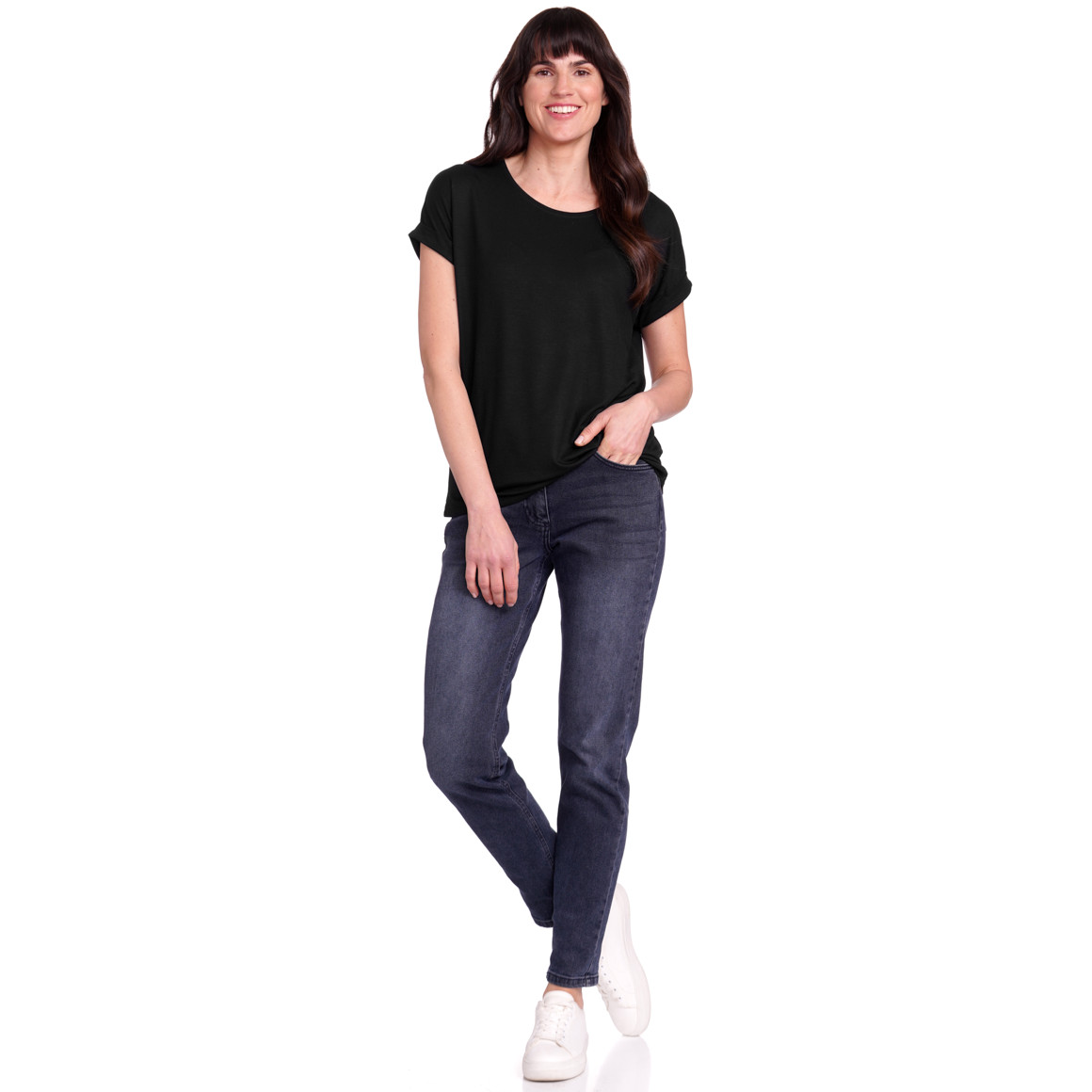 Gina Benotti Damen T-Shirt mit fixierten Turn-ups schwarz