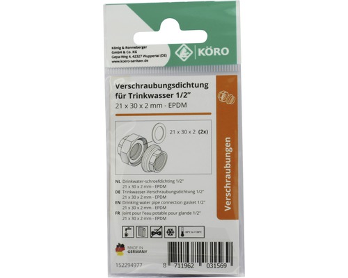 EPDM ring 21 x 30 x 2 mm 70 Sh.A voor schroefverbinding 1/2