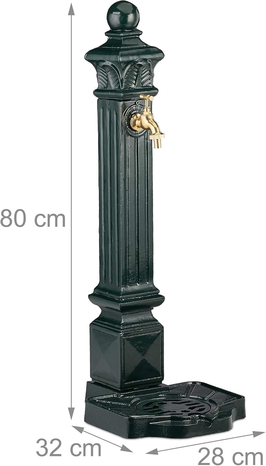 Relaxdays Standbrunnen, Wasserzapfstelle in Antik Look, Säule mit Wasserhahn & Becken, HBT: 80 x 28 x 32 cm, dunkelgrün, Grün