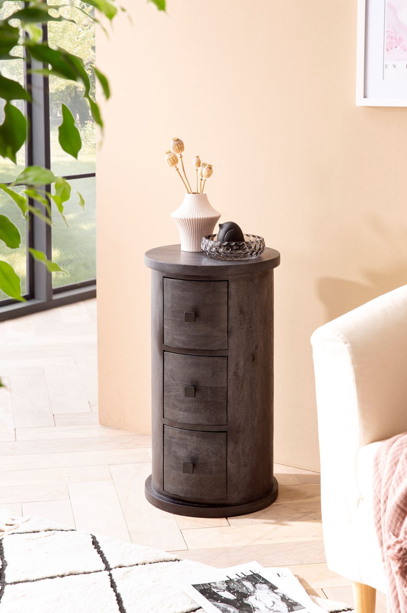 Kommode 34 x 65 x 34 cm Mango Massivholz schwarz Griffe Edelstahl lackiert