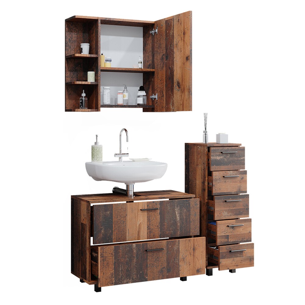 Vicco Badmöbelset Ilias Old Style modern Badezimmerschrank Badschrank Badezimmermöbel Waschtischunterschrank Waschbeckenunterschrank Spiegelschrank Midischrank Schranktür Schrankfach Schrankschublade