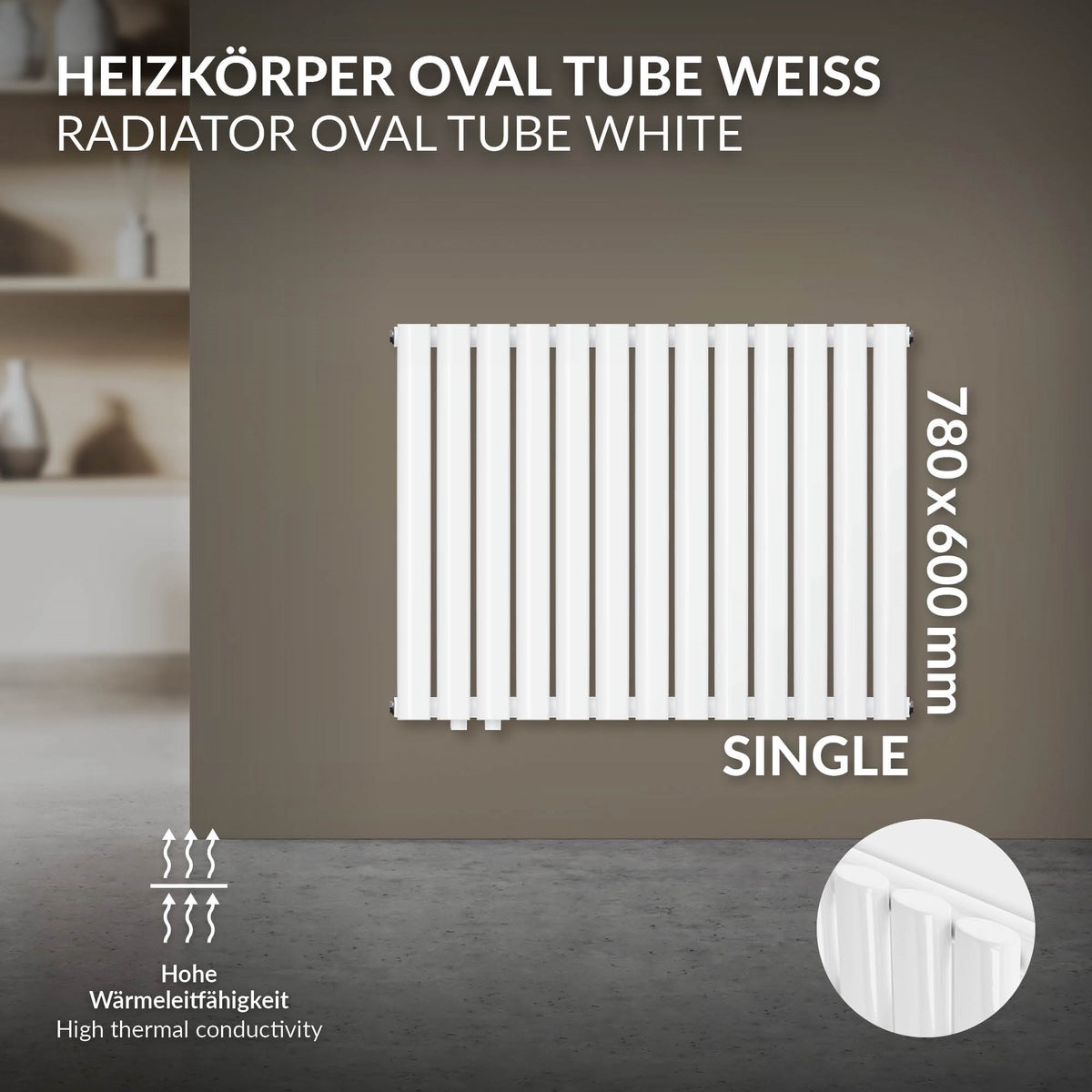 ML-Design Paneelradiator 600x780 mm Wit Enkellaags, Horizontale radiator met ovale buizen, Design badkamerradiator met zijaansluiting, Verwarming woonkamer/badkamer, Design buisradiator