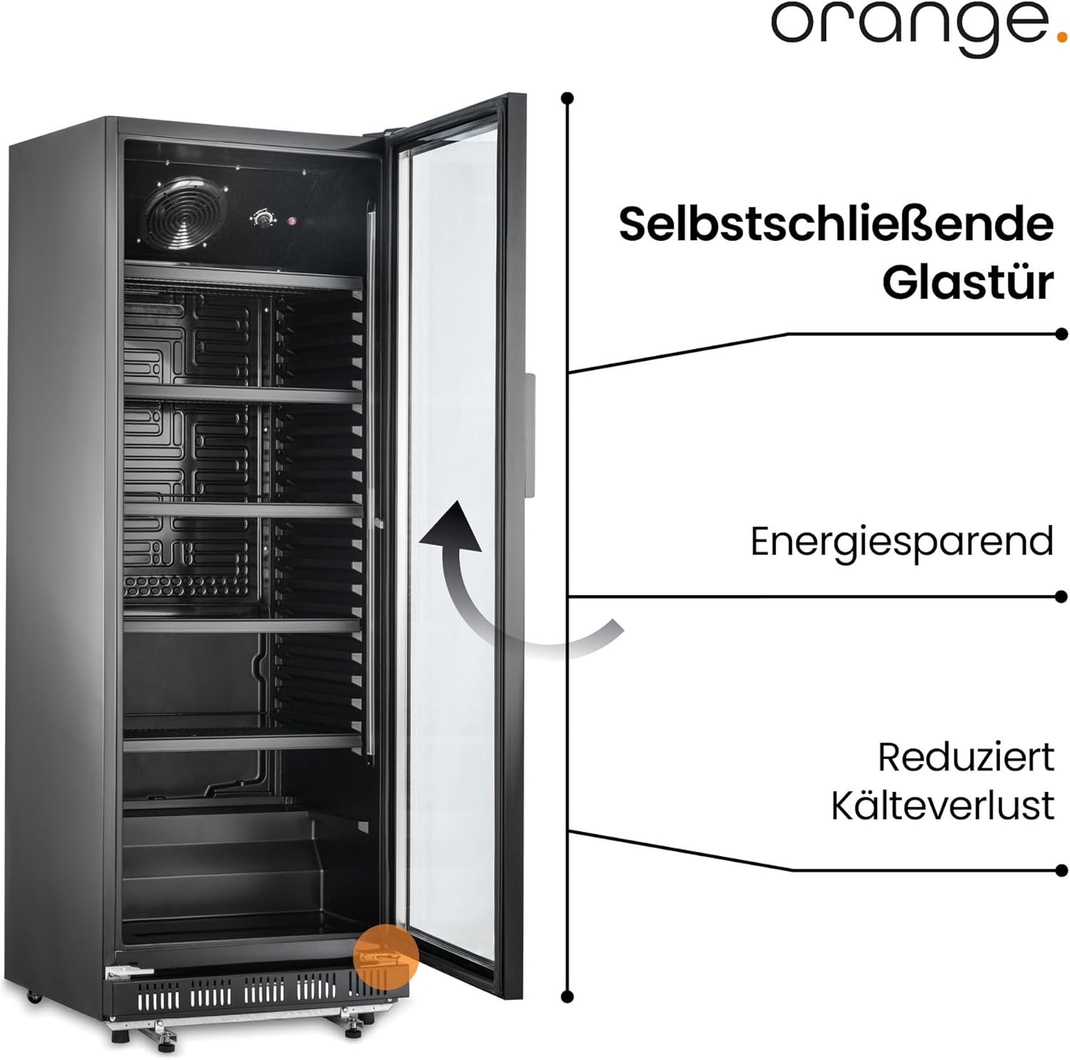 orange . Getränkekühlschrank 230L schwarz mit Glastür, abschließbar, LED-Beleuchtung, 4 Roste, 0-10°C, Gastro Flaschenkühlschrank 530x635x1442mm