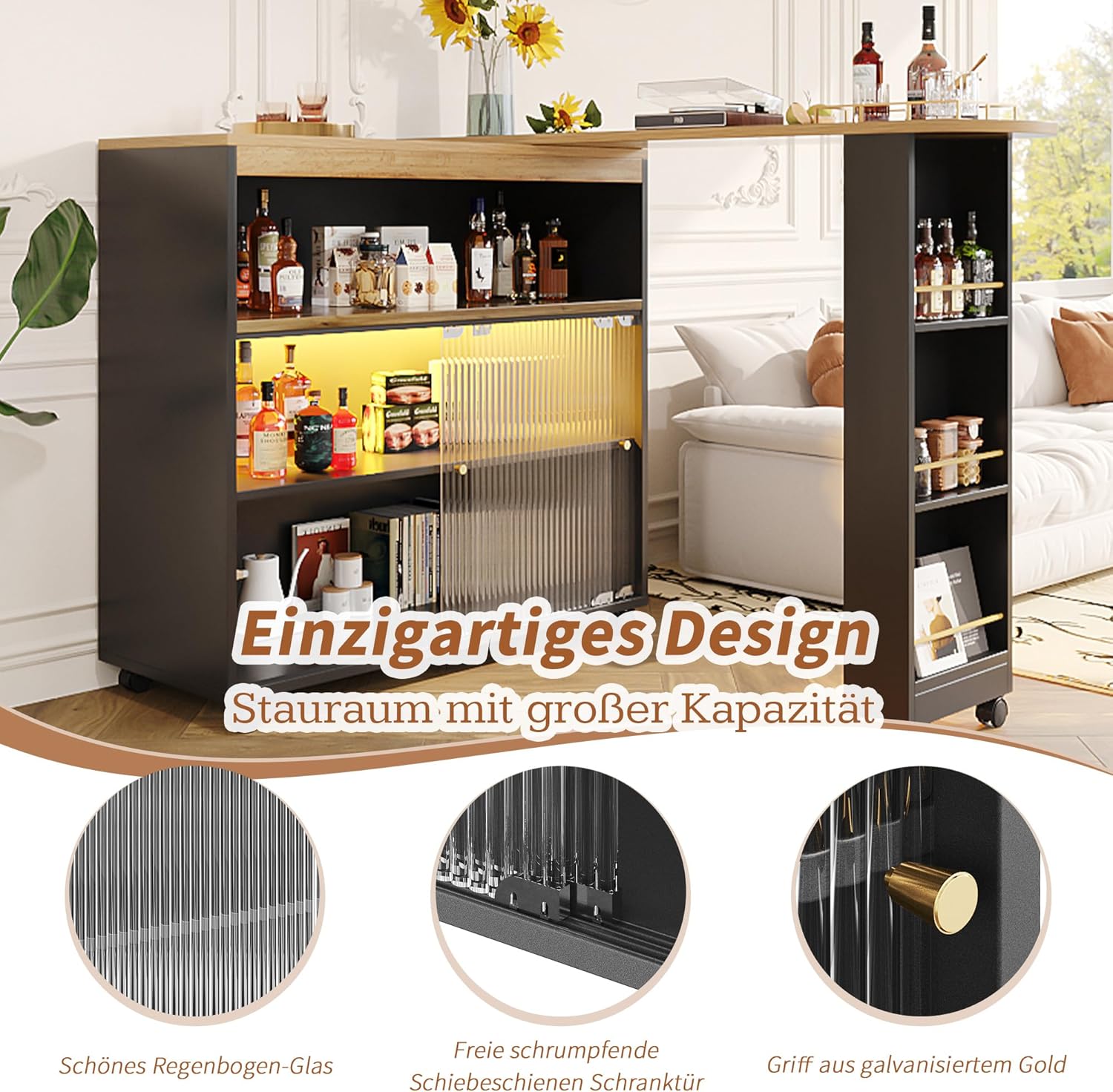 Bartisch Klappbar mit Stauraum, Bartisch Küche mit LED, Moderner Beweglicher Bar Tisch, Bar Table, Hochtisch, Kücheninsel, Küchentheke, Stehtisch Bistrotisch, (138-204×39×105cm), Schwarz