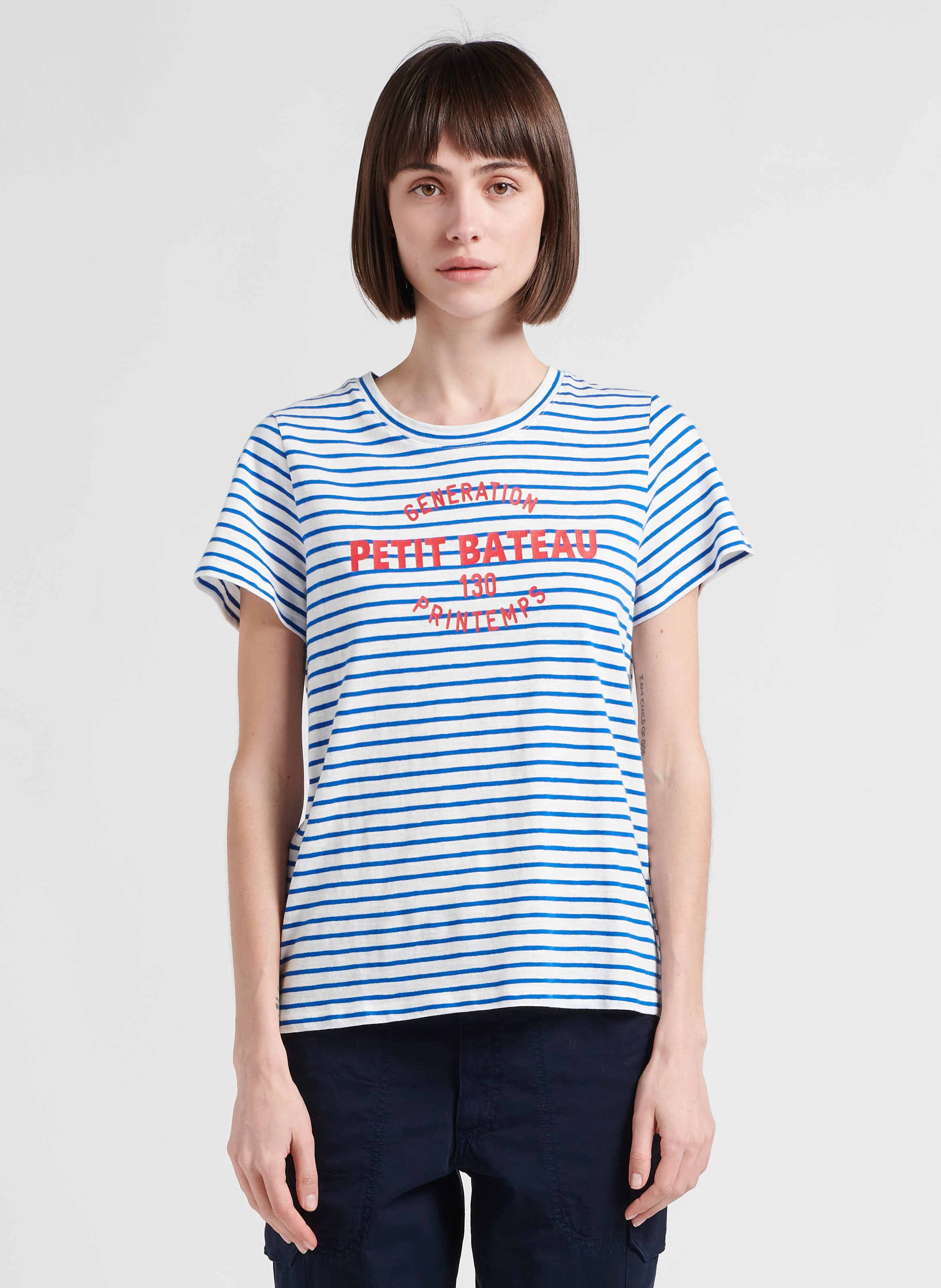 Tee-shirt col rond à rayures en coton| Blanc