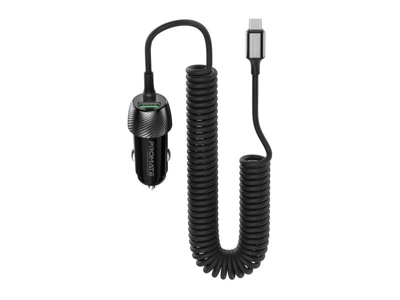 Promate Autoladegerät PowerDrive-33PDC QC3.0, Car Charger Schnelllade-Adapter mit USB-C Spiralkabel
